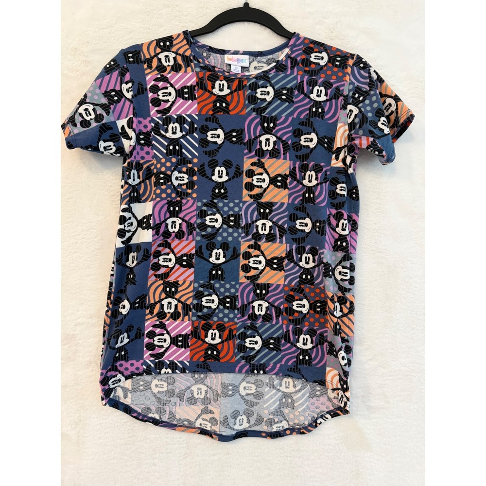 LuLaRoe Disney Mickey Mouse Patchwork Top Girls Size 10 High Low Shirt Blue